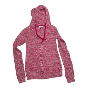 Roxy Women's Small Red White Marled Knit Hooded Sweater Lace Up Y2K Surf
